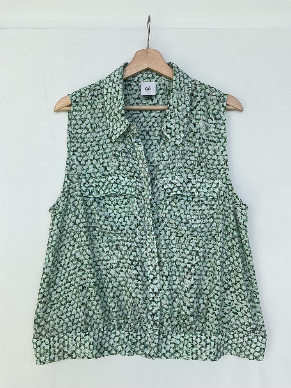 CAbi Mint and Sage Sleeveless Printed Button-Front Blouse